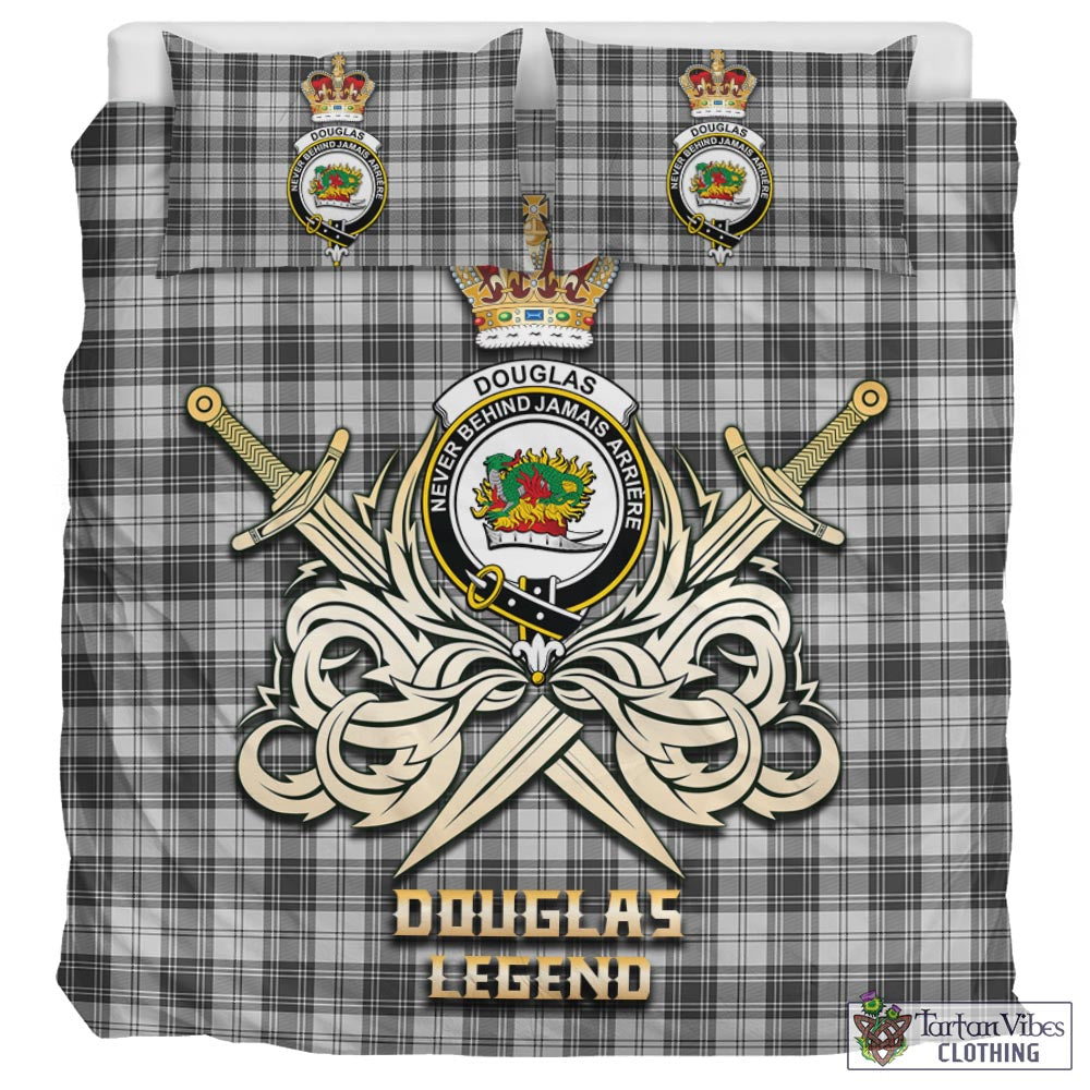 Tartan Vibes Clothing Douglas Grey Modern Tartan Bedding Set with Clan Crest and the Golden Sword of Courageous Legacy