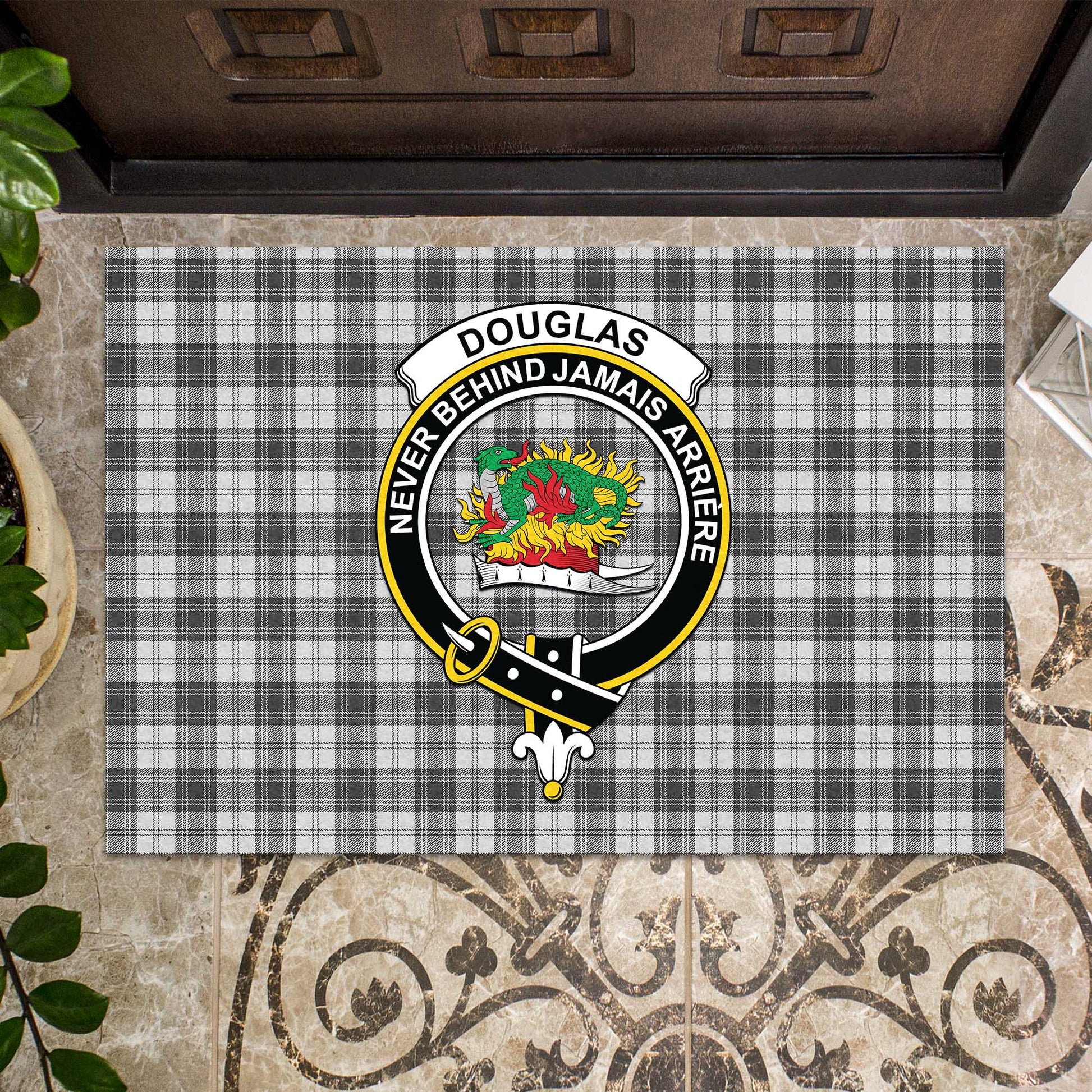 Douglas Grey Modern Tartan Door Mat with Family Crest - Tartanvibesclothing