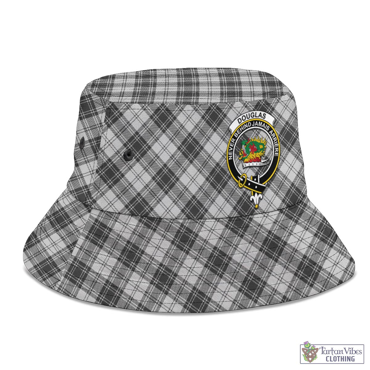 Tartan Vibes Clothing Douglas Grey Modern Tartan Bucket Hat with Family Crest