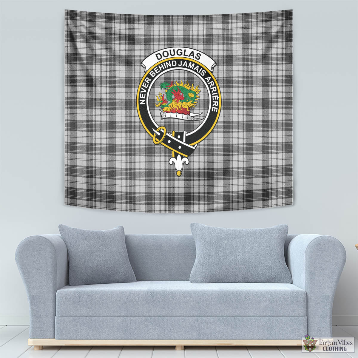 Tartan Vibes Clothing Douglas Grey Modern Tartan Tapestry Wall Hanging and Home Decor for Room with Family Crest