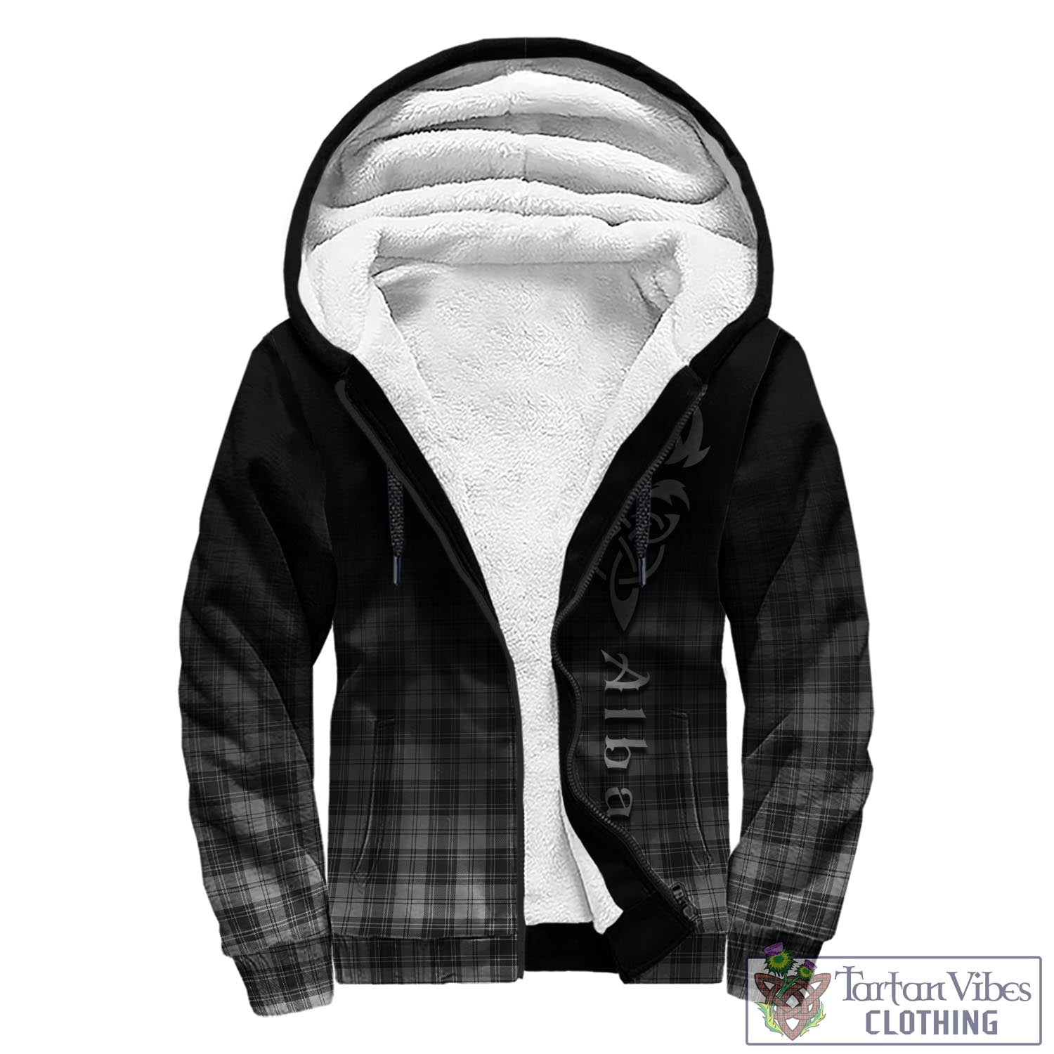 Tartan Vibes Clothing Douglas Grey Modern Tartan Sherpa Hoodie Featuring Alba Gu Brath Family Crest Celtic Inspired