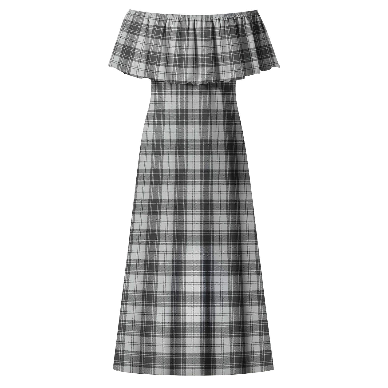 Douglas Grey Modern Tartan Off Shoulder Long Dress - Tartanvibesclothing