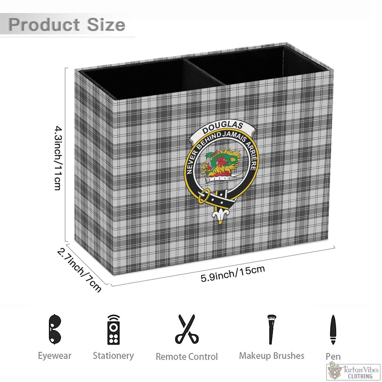 Tartan Vibes Clothing Douglas Grey Modern Tartan Pen Holder with Family Crest