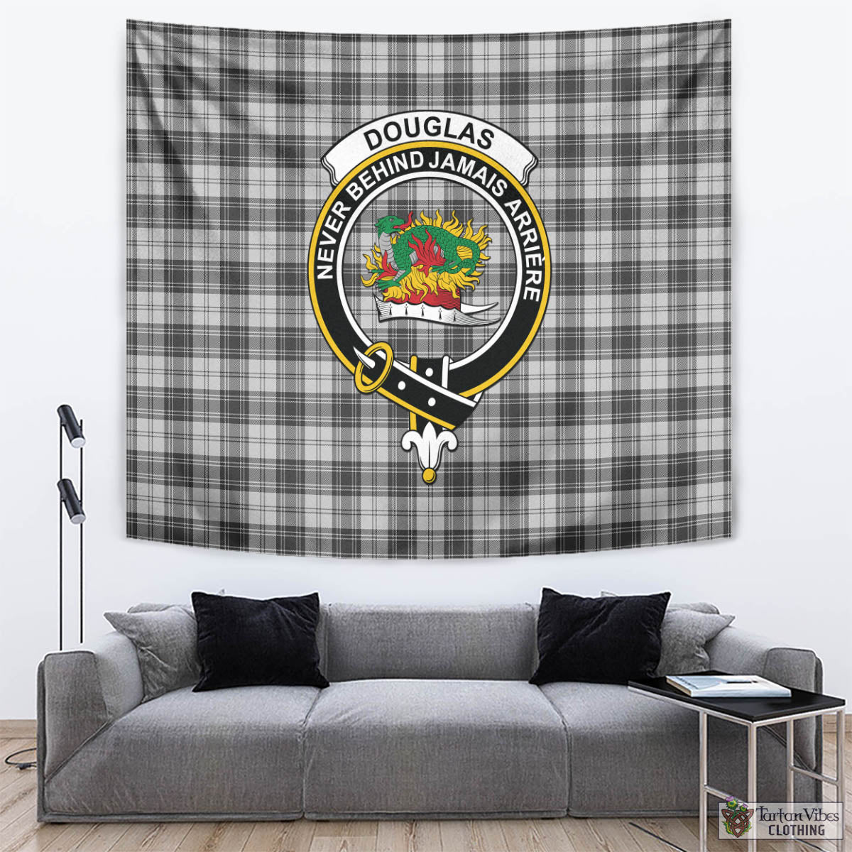 Tartan Vibes Clothing Douglas Grey Modern Tartan Tapestry Wall Hanging and Home Decor for Room with Family Crest