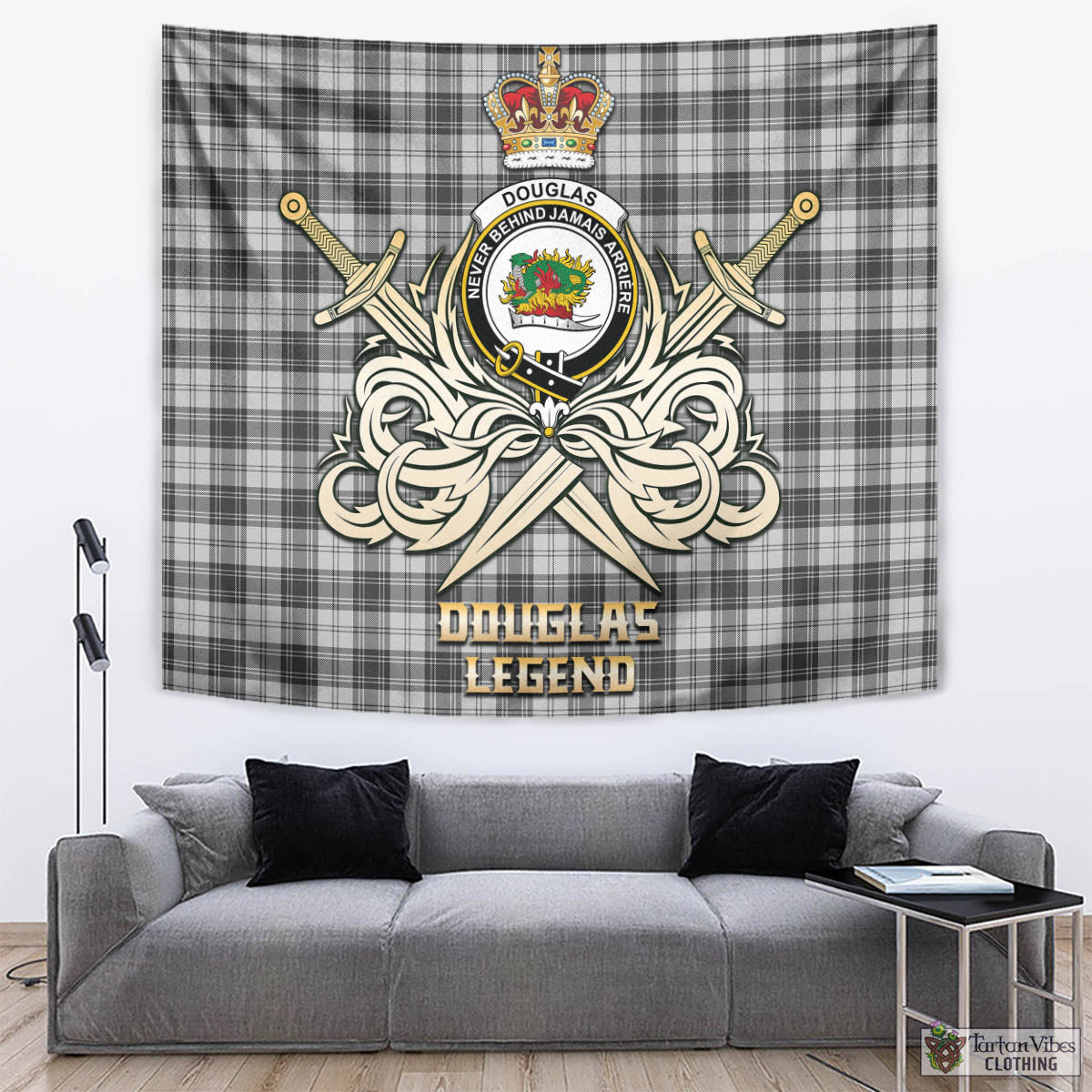 Tartan Vibes Clothing Douglas Grey Modern Tartan Tapestry with Clan Crest and the Golden Sword of Courageous Legacy