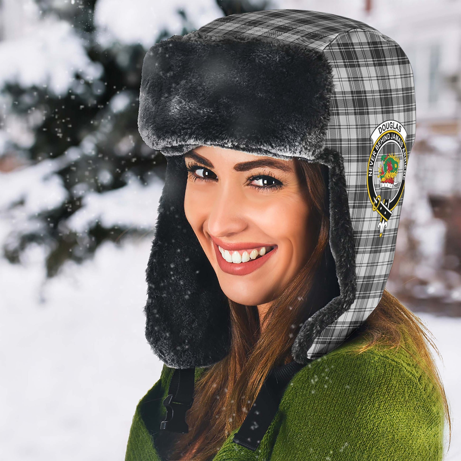 Douglas Grey Modern Tartan Winter Trapper Hat with Family Crest - Tartanvibesclothing