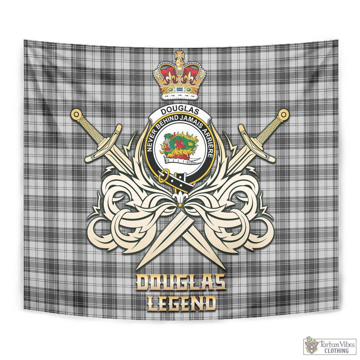 Tartan Vibes Clothing Douglas Grey Modern Tartan Tapestry with Clan Crest and the Golden Sword of Courageous Legacy