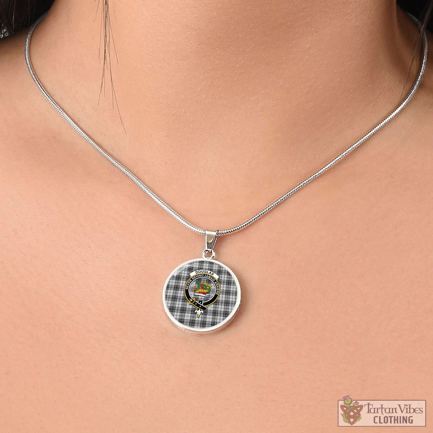 Tartan Vibes Clothing Douglas Grey Modern Tartan Circle Necklace with Family Crest