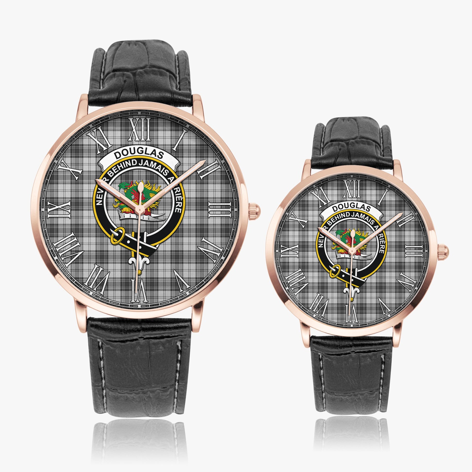 Douglas Grey Modern Tartan Family Crest Leather Strap Quartz Watch - Tartanvibesclothing