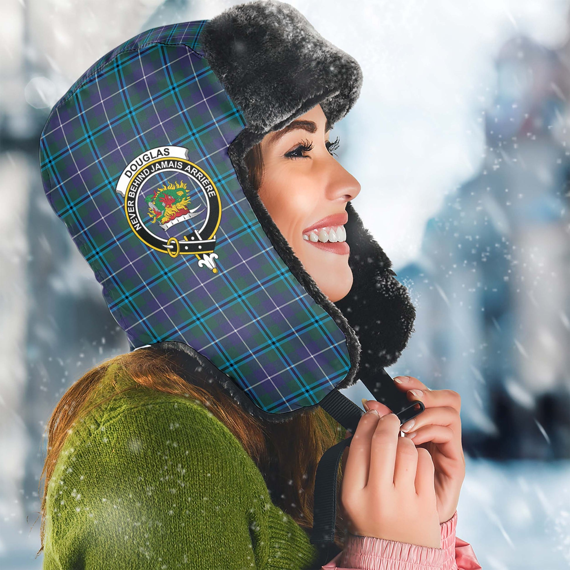 Douglas Modern Tartan Winter Trapper Hat with Family Crest Winter Trapper Hat Universal Fit Circumference 22.8in (58cm) - Tartanvibesclothing