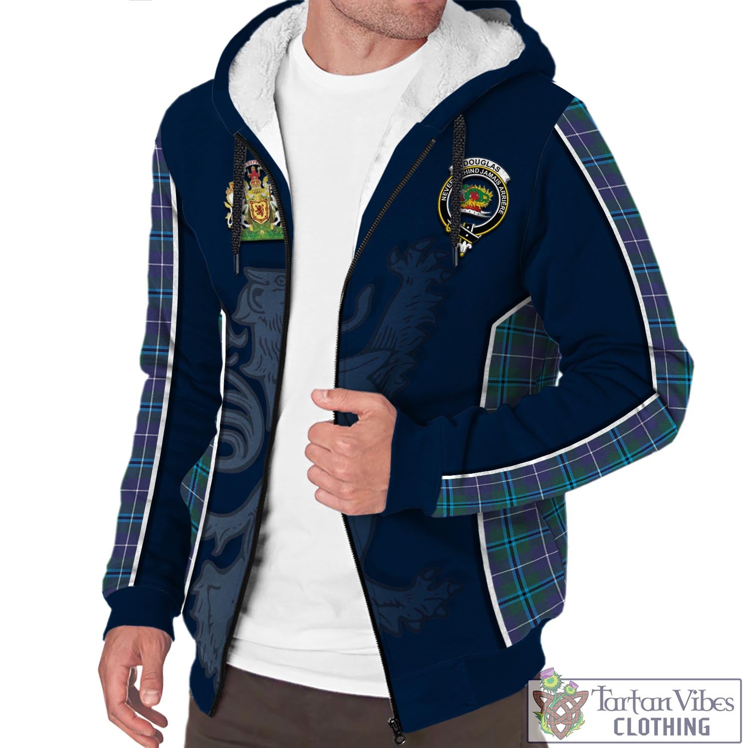 Tartan Vibes Clothing Douglas Modern Tartan Sherpa Hoodie with Family Crest and Lion Rampant Vibes Sport Style