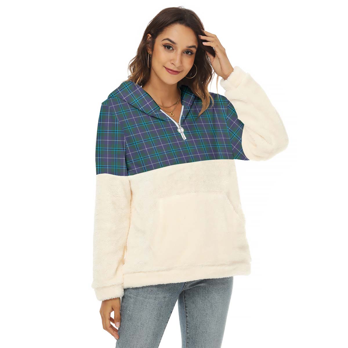 Douglas Modern Tartan Women's Borg Fleece Hoodie With Half Zip Female - Tartanvibesclothing