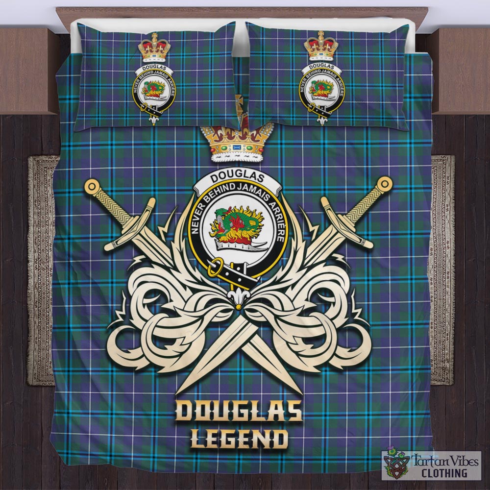 Tartan Vibes Clothing Douglas Modern Tartan Bedding Set with Clan Crest and the Golden Sword of Courageous Legacy