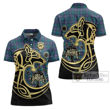 Douglas Modern Tartan Women's Polo Shirt with Family Crest Celtic Wolf Style