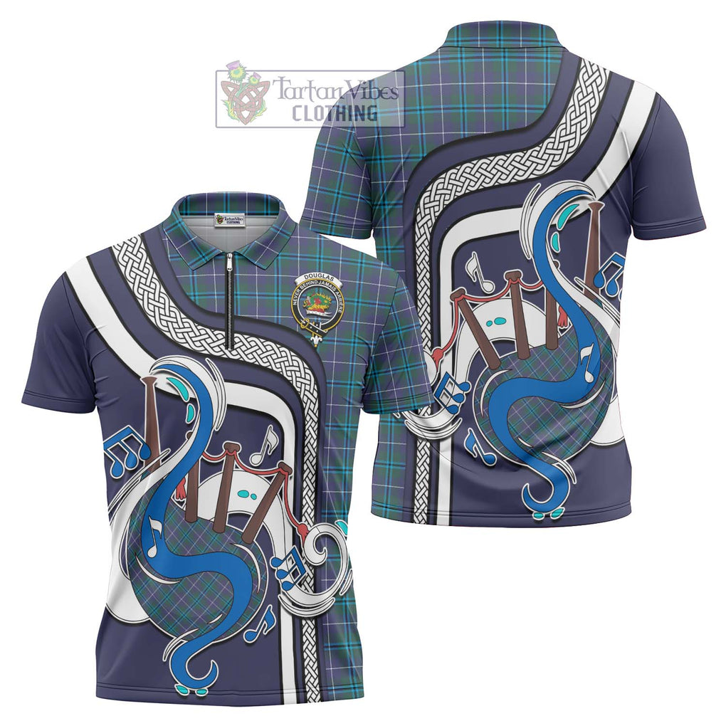 Douglas Modern Tartan Zipper Polo Shirt with Epic Bagpipe Style Unisex - Tartanvibesclothing Shop