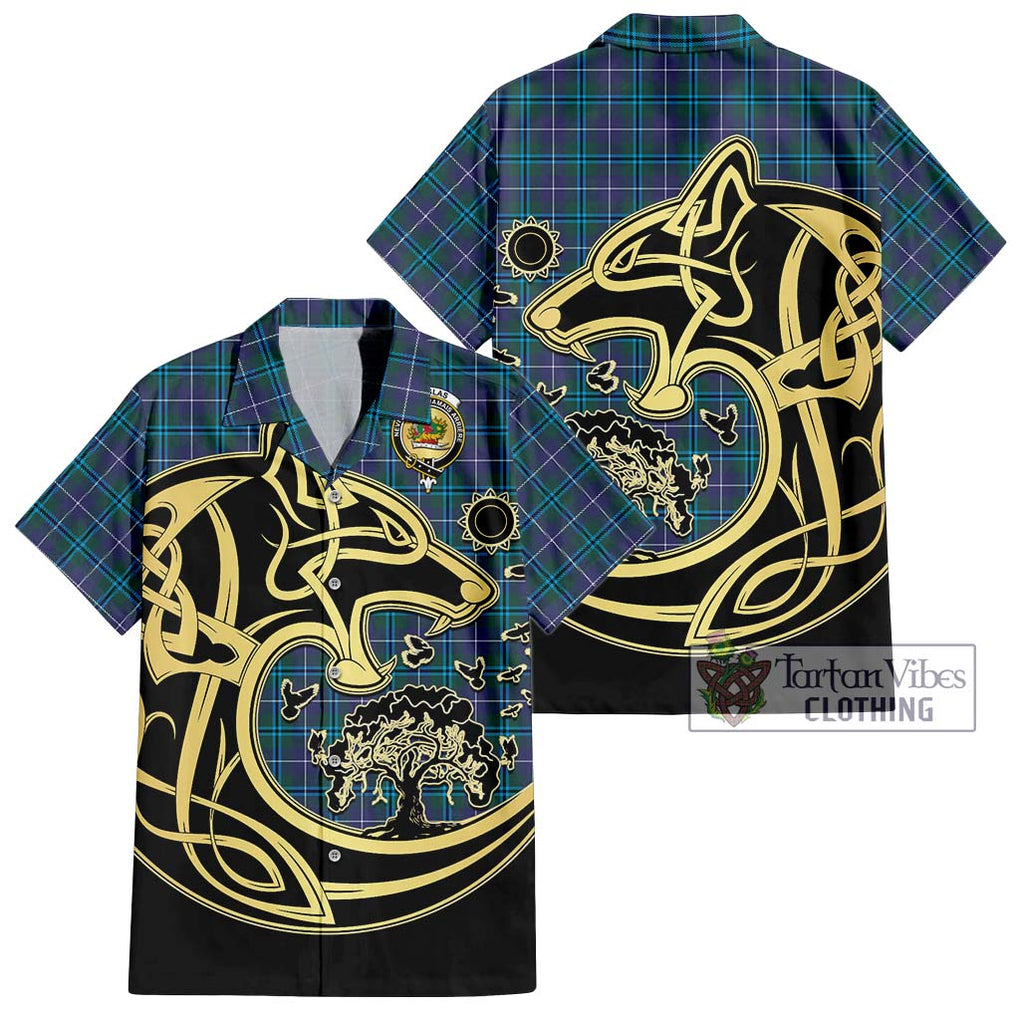 Douglas Modern Tartan Short Sleeve Button Shirt with Family Crest Celtic Wolf Style Kid - Tartan Vibes Clothing