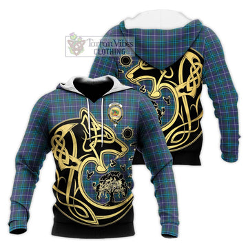 Douglas Modern Tartan Knitted Hoodie with Family Crest Celtic Wolf Style