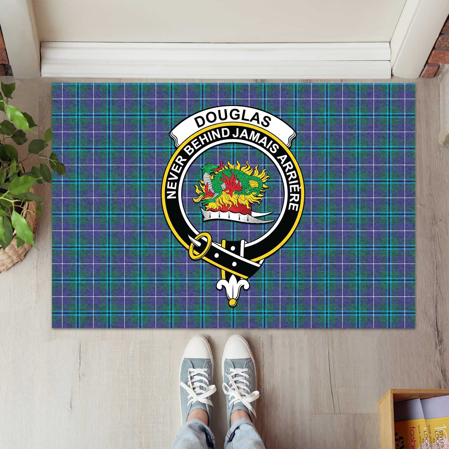 Douglas Modern Tartan Door Mat with Family Crest - Tartanvibesclothing