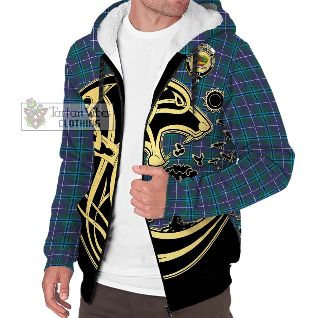 Douglas Modern Tartan Sherpa Hoodie with Family Crest Celtic Wolf Style Unisex S - Tartan Vibes Clothing