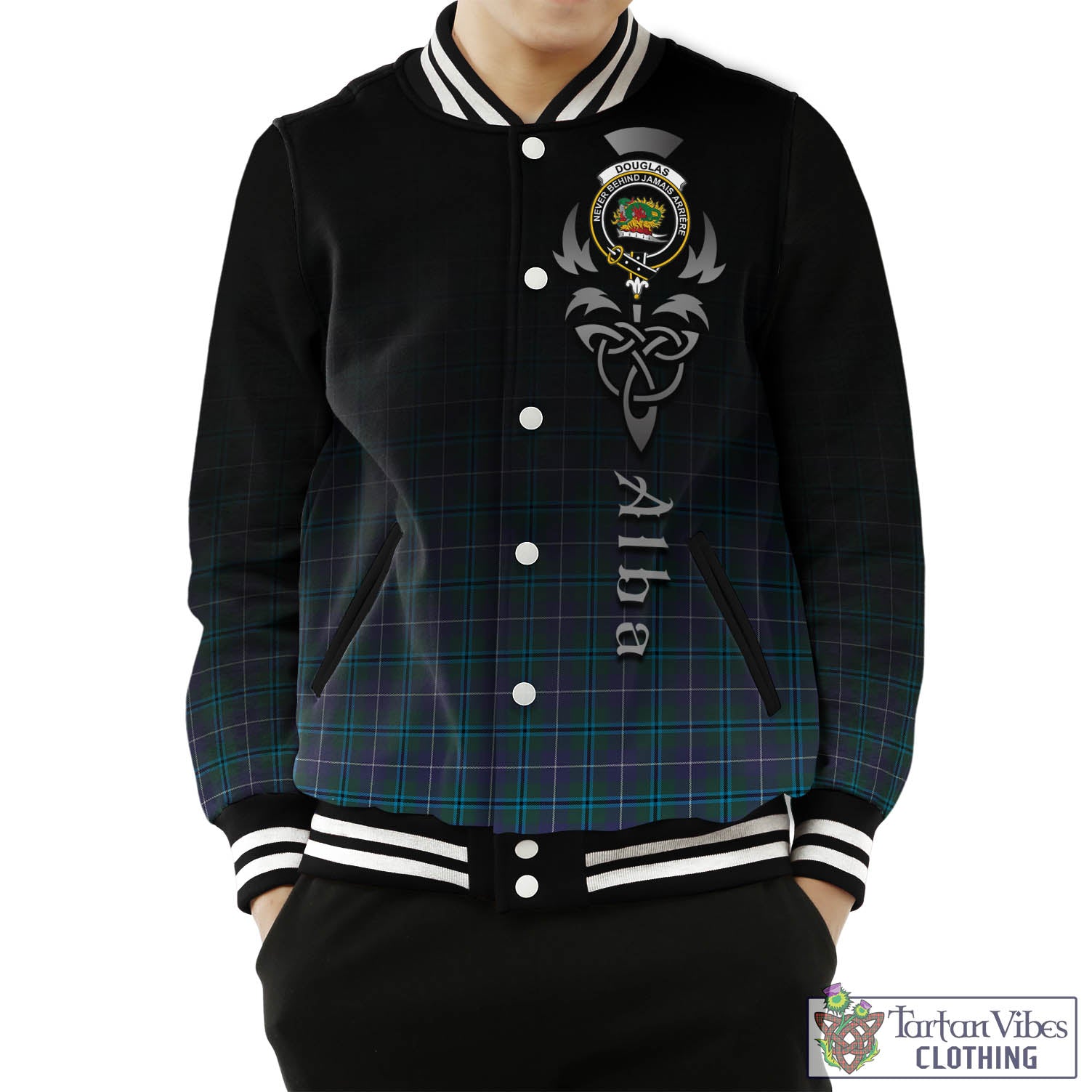 Tartan Vibes Clothing Douglas Modern Tartan Baseball Jacket Featuring Alba Gu Brath Family Crest Celtic Inspired