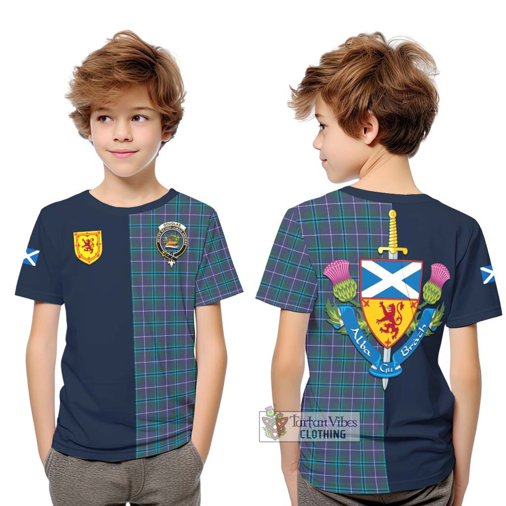 Tartan Vibes Clothing Douglas Modern Tartan Kid T-Shirt with Scottish Lion Royal Arm Half Style