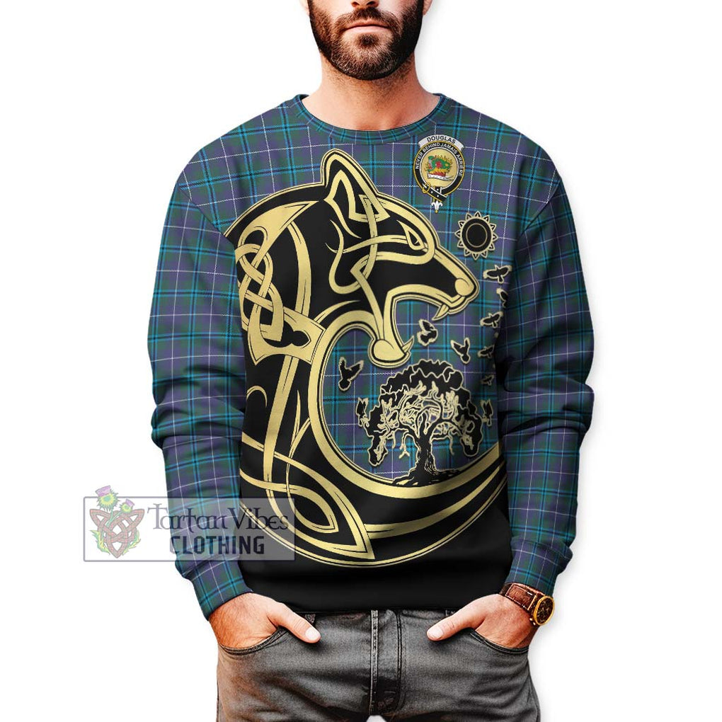 Douglas Modern Tartan Sweatshirt with Family Crest Celtic Wolf Style Unisex - Tartan Vibes Clothing