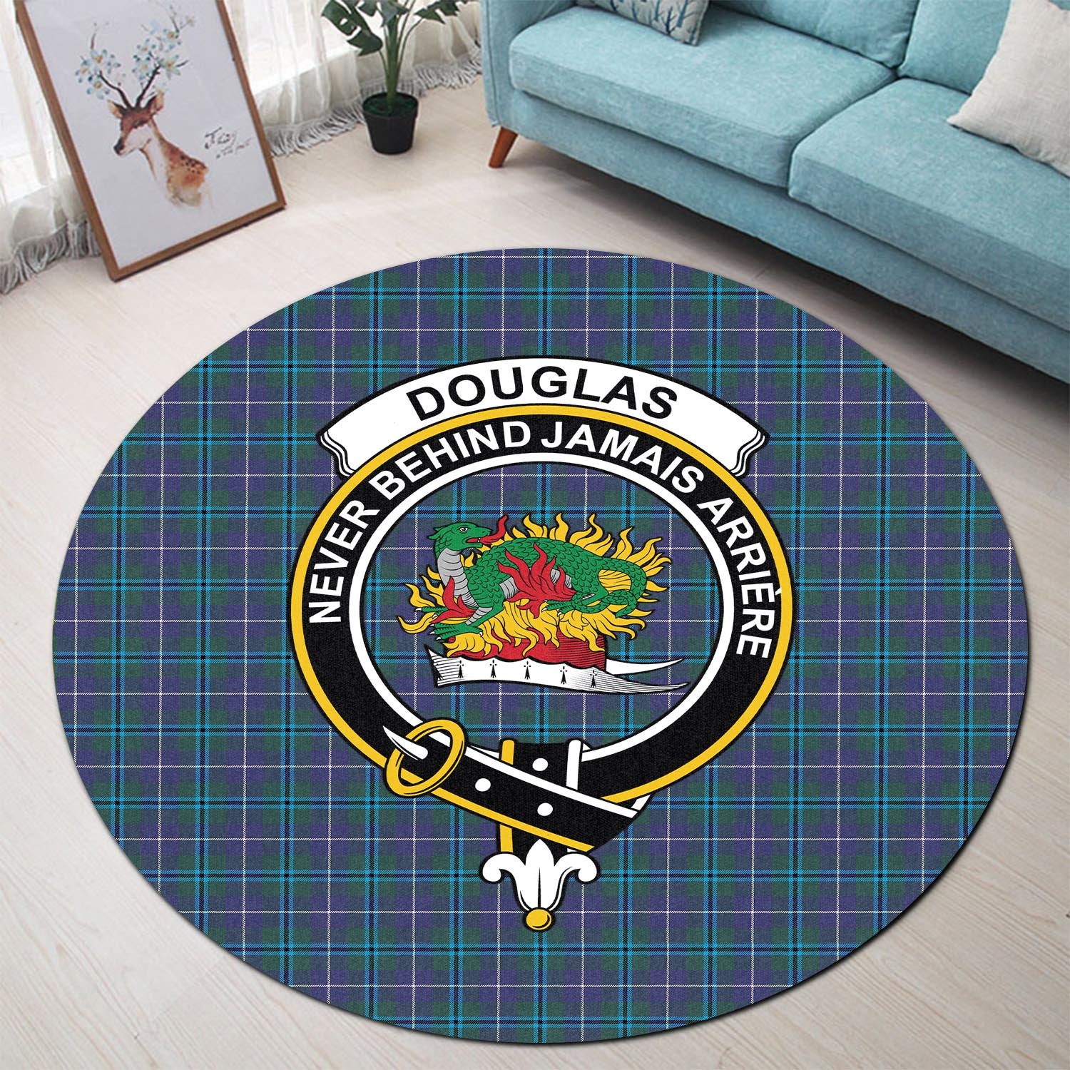 Douglas Modern Tartan Round Rug with Family Crest - Tartanvibesclothing