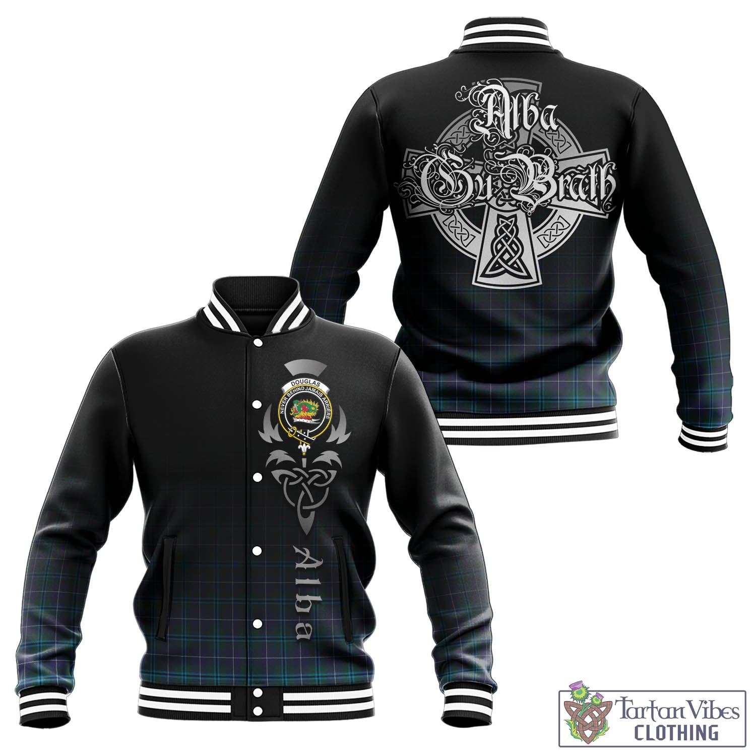 Tartan Vibes Clothing Douglas Modern Tartan Baseball Jacket Featuring Alba Gu Brath Family Crest Celtic Inspired