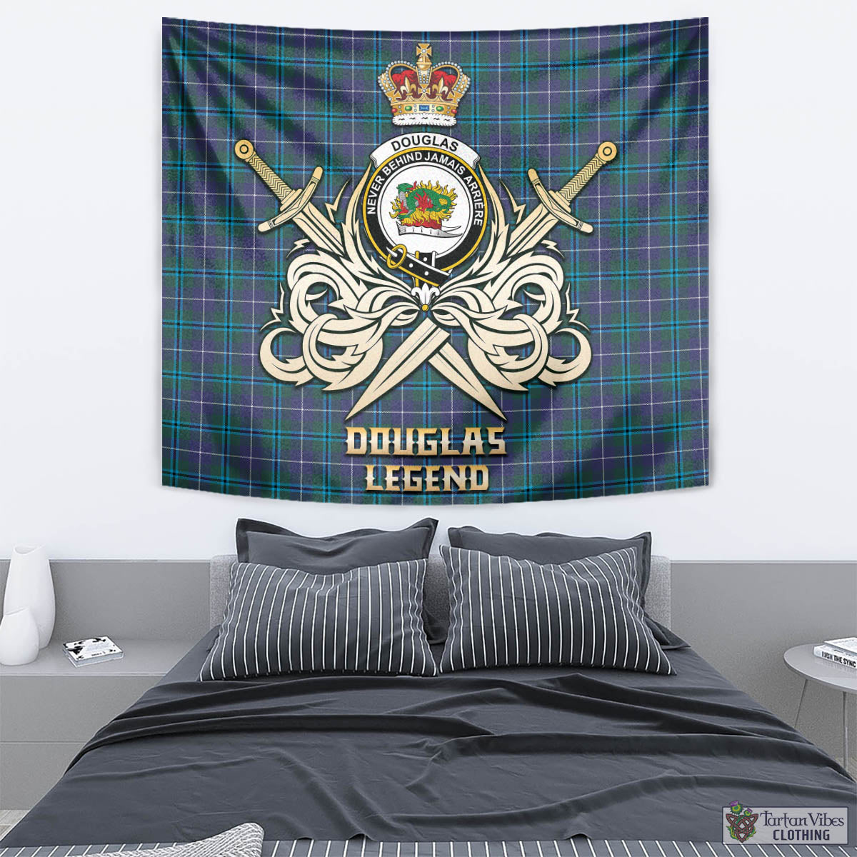 Tartan Vibes Clothing Douglas Modern Tartan Tapestry with Clan Crest and the Golden Sword of Courageous Legacy