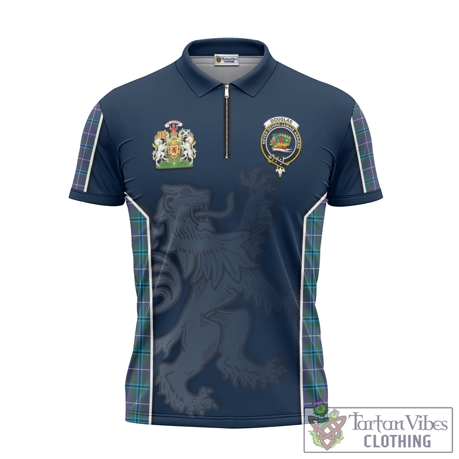 Tartan Vibes Clothing Douglas Modern Tartan Zipper Polo Shirt with Family Crest and Lion Rampant Vibes Sport Style