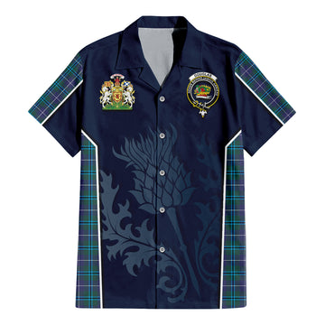 Douglas Modern Tartan Short Sleeve Button Up Shirt with Family Crest and Scottish Thistle Vibes Sport Style