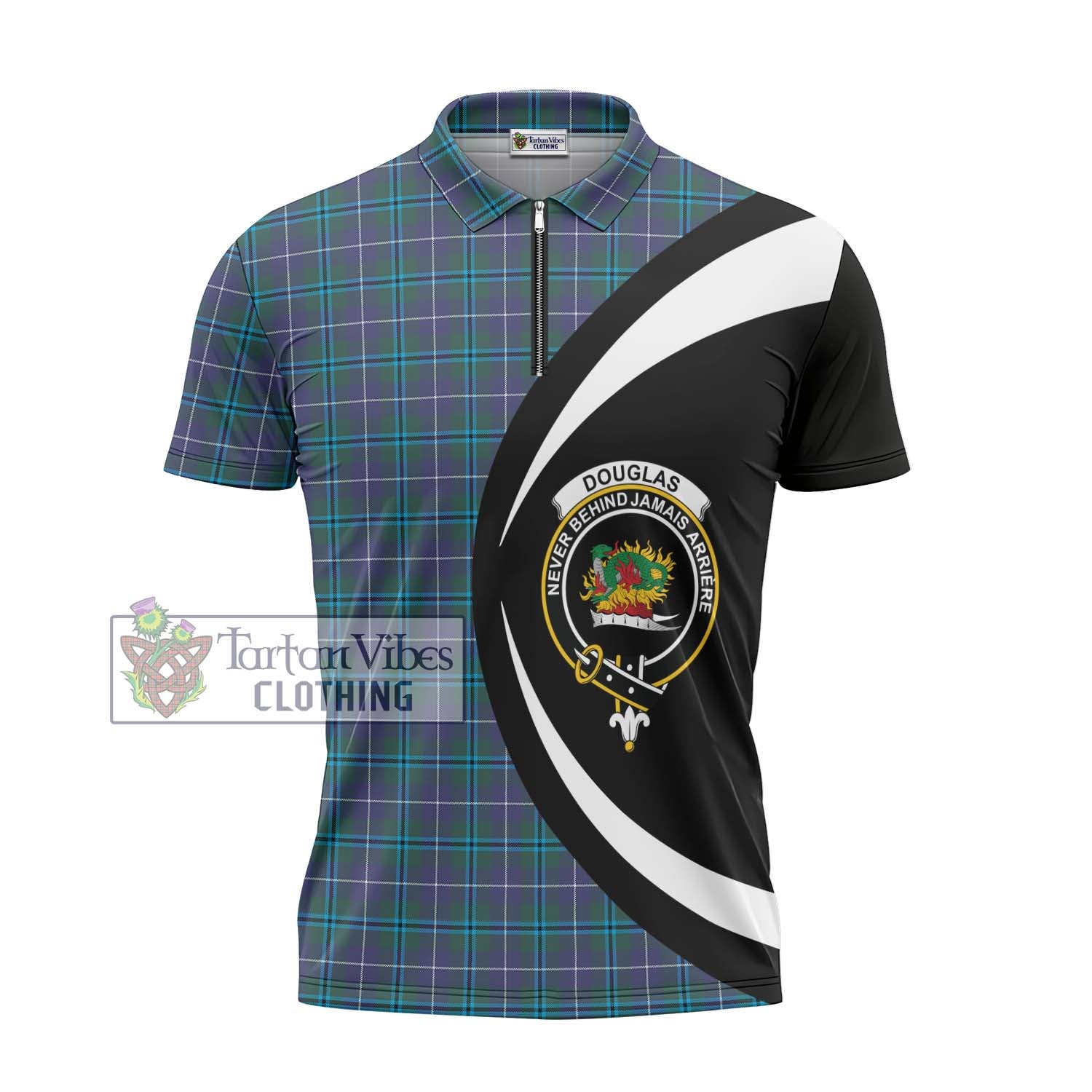 Tartan Vibes Clothing Douglas Modern Tartan Zipper Polo Shirt with Family Crest Circle Style