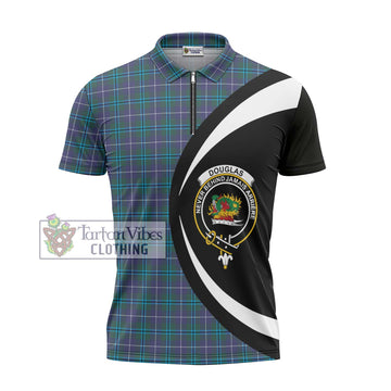 Douglas Modern Tartan Zipper Polo Shirt with Family Crest Circle Style