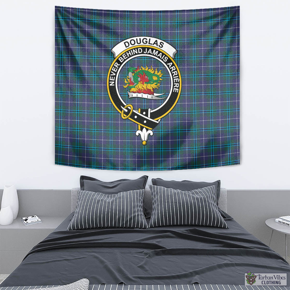 Tartan Vibes Clothing Douglas Modern Tartan Tapestry Wall Hanging and Home Decor for Room with Family Crest