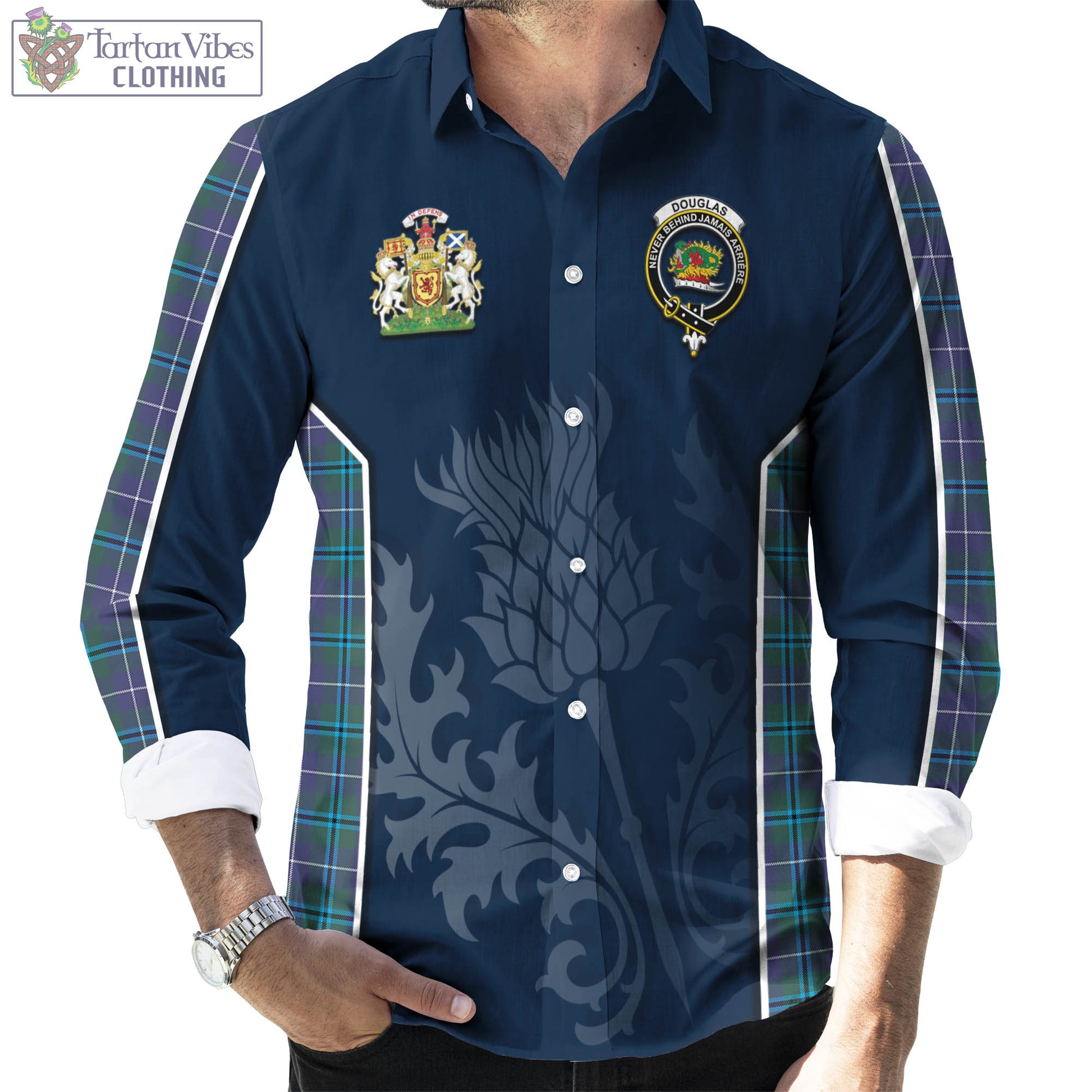 Tartan Vibes Clothing Douglas Modern Tartan Long Sleeve Button Up Shirt with Family Crest and Scottish Thistle Vibes Sport Style