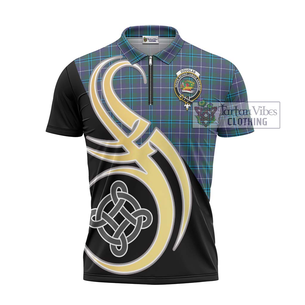 Tartan Vibes Clothing Douglas Modern Tartan Zipper Polo Shirt with Family Crest and Celtic Symbol Style