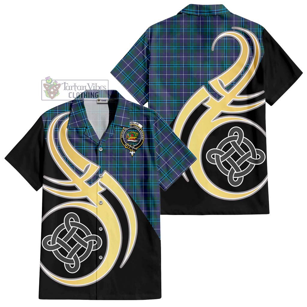 Douglas Modern Tartan Short Sleeve Button Shirt with Family Crest and Celtic Symbol Style - Tartan Vibes Clothing