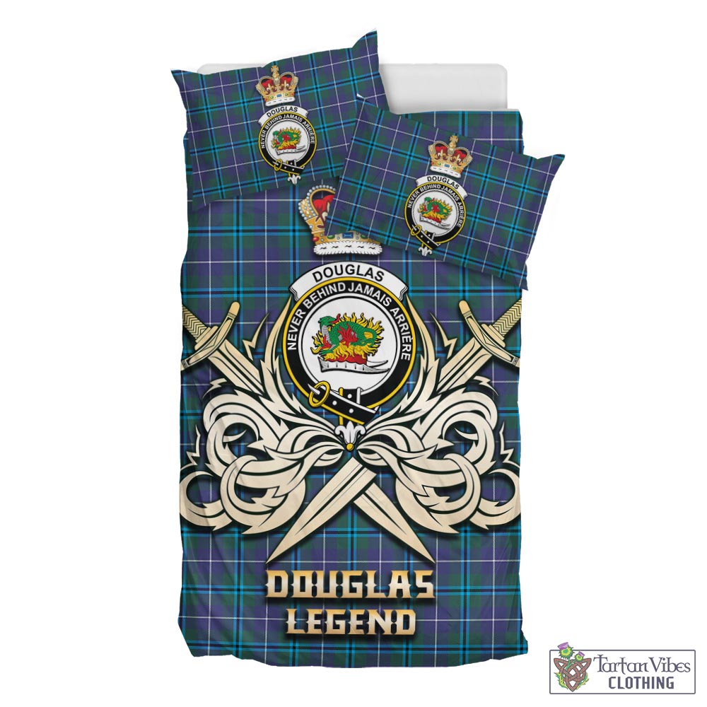 Tartan Vibes Clothing Douglas Modern Tartan Bedding Set with Clan Crest and the Golden Sword of Courageous Legacy