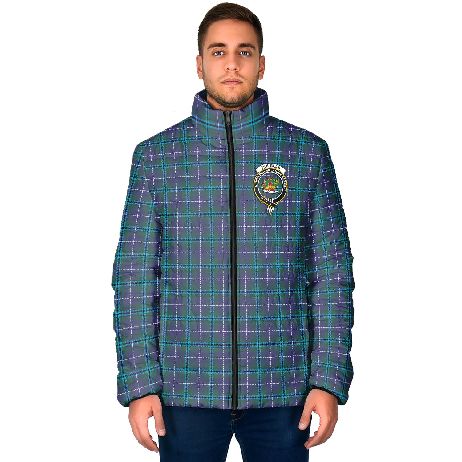 Douglas Modern Tartan Padded Jacket with Family Crest - Tartan Vibes Clothing