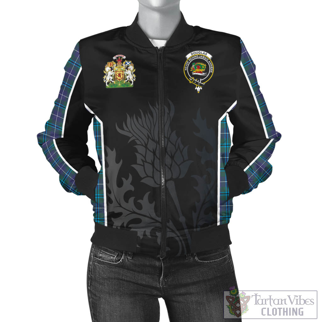 Tartan Vibes Clothing Douglas Modern Tartan Bomber Jacket with Family Crest and Scottish Thistle Vibes Sport Style