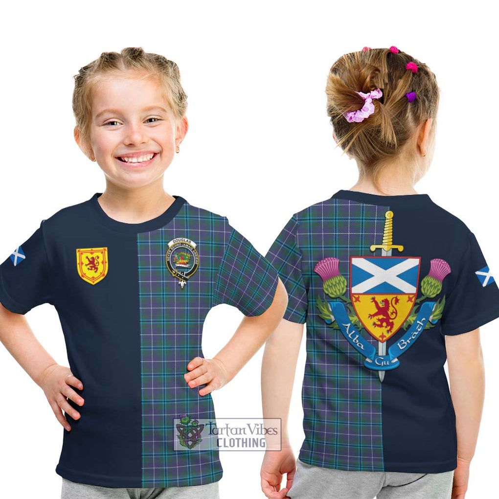 Tartan Vibes Clothing Douglas Modern Tartan Kid T-Shirt with Scottish Lion Royal Arm Half Style