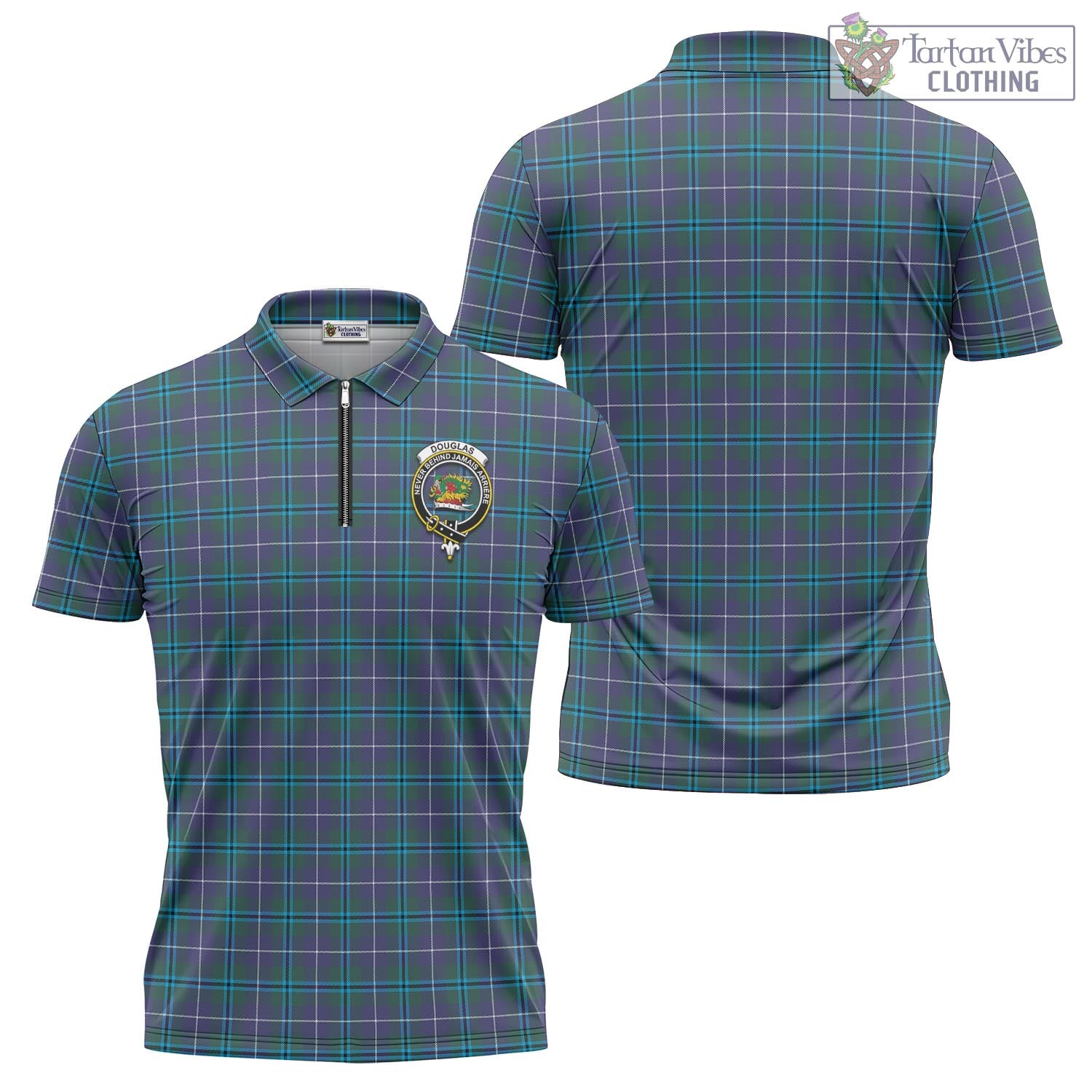 Tartan Vibes Clothing Douglas Modern Tartan Zipper Polo Shirt with Family Crest