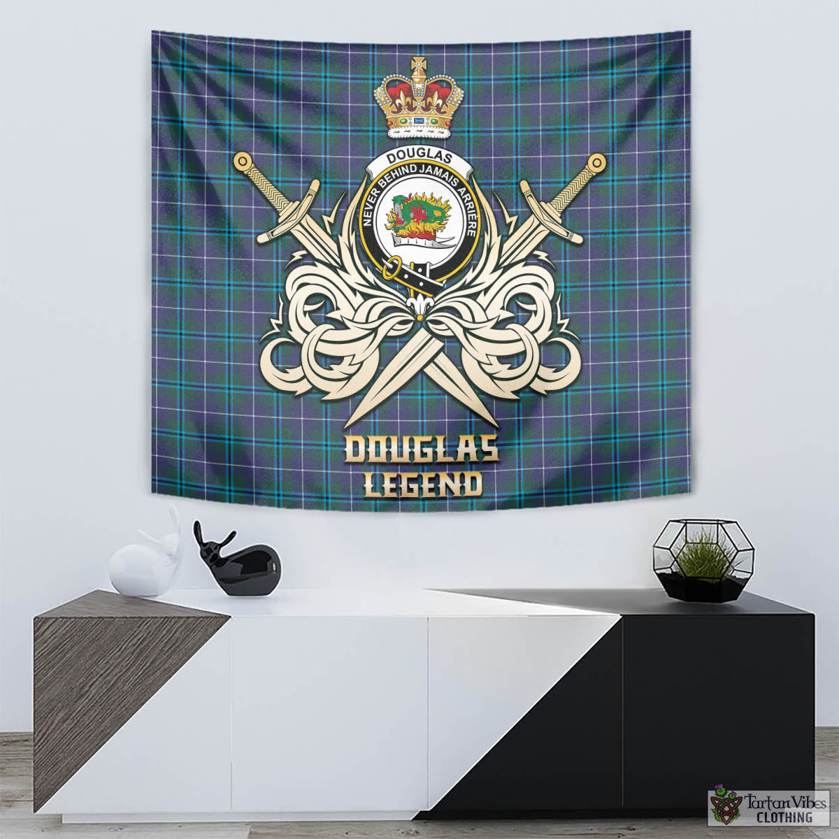 Tartan Vibes Clothing Douglas Modern Tartan Tapestry with Clan Crest and the Golden Sword of Courageous Legacy