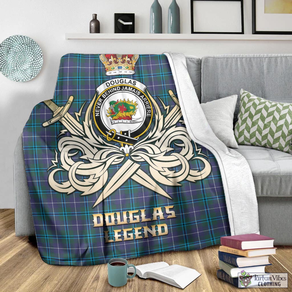 Tartan Vibes Clothing Douglas Modern Tartan Blanket with Clan Crest and the Golden Sword of Courageous Legacy