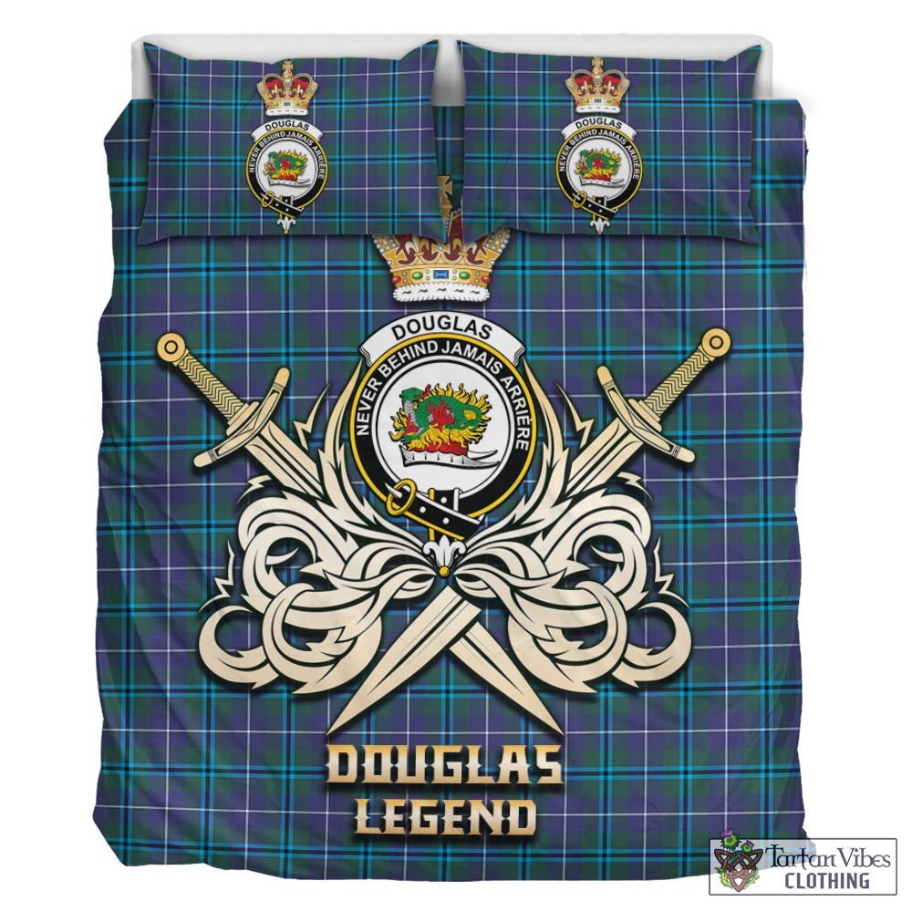 Tartan Vibes Clothing Douglas Modern Tartan Bedding Set with Clan Crest and the Golden Sword of Courageous Legacy