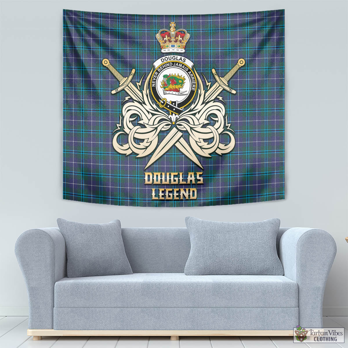 Tartan Vibes Clothing Douglas Modern Tartan Tapestry with Clan Crest and the Golden Sword of Courageous Legacy