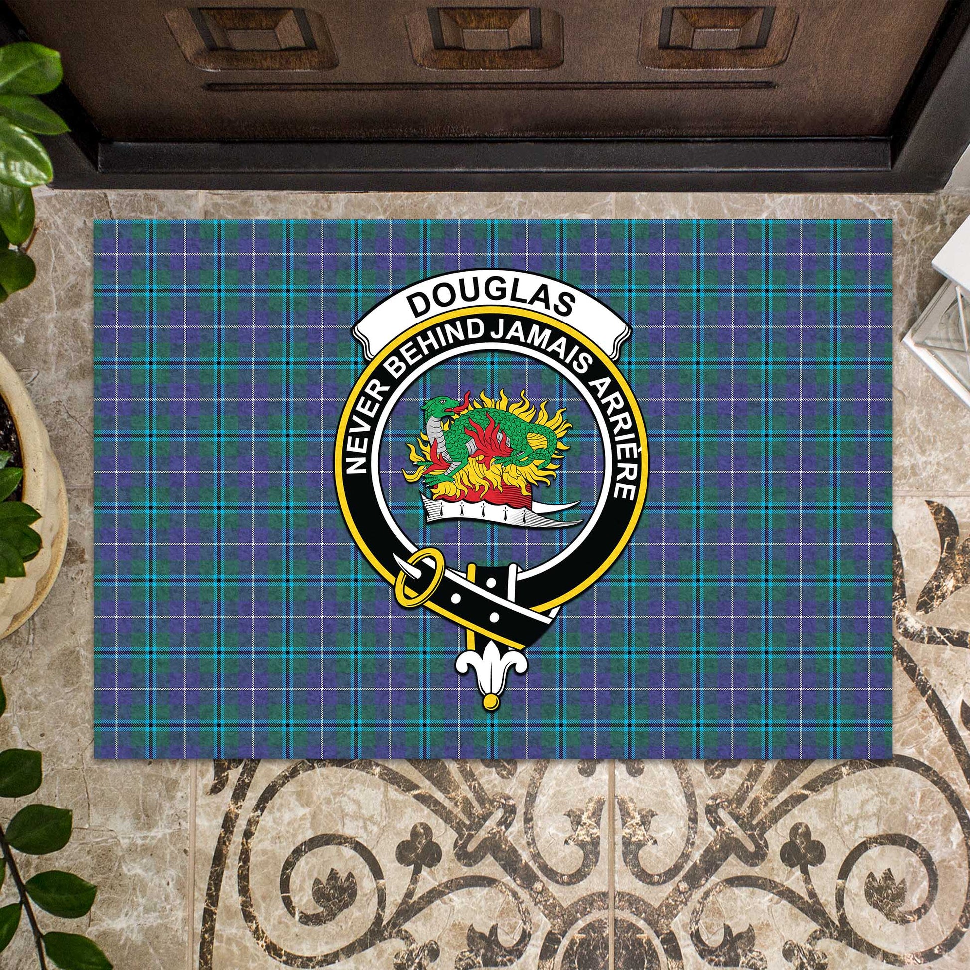 Douglas Modern Tartan Door Mat with Family Crest - Tartanvibesclothing