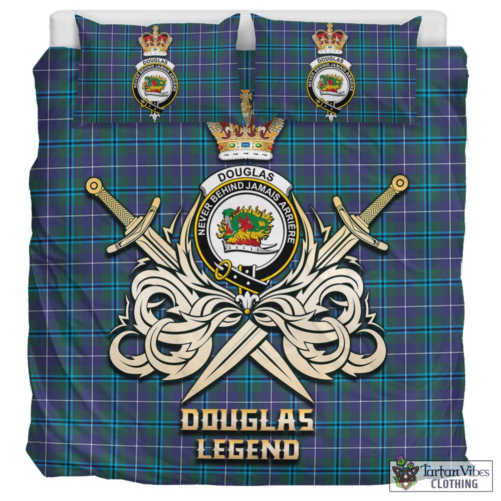 Tartan Vibes Clothing Douglas Modern Tartan Bedding Set with Clan Crest and the Golden Sword of Courageous Legacy