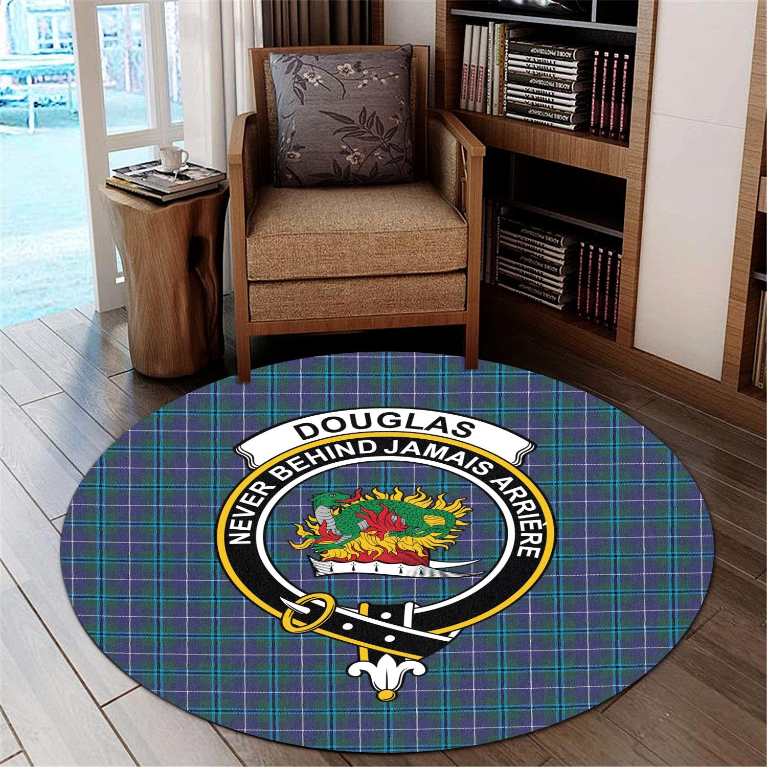 Douglas Modern Tartan Round Rug with Family Crest - Tartanvibesclothing