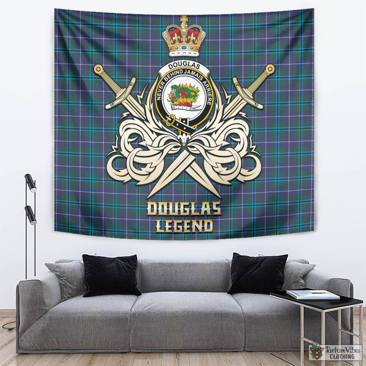 Tartan Vibes Clothing Douglas Modern Tartan Tapestry with Clan Crest and the Golden Sword of Courageous Legacy